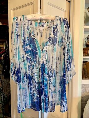Gorgeous 100% Silk Soft Surroundings Blue & White Tunic, hand-sewn glass beads.